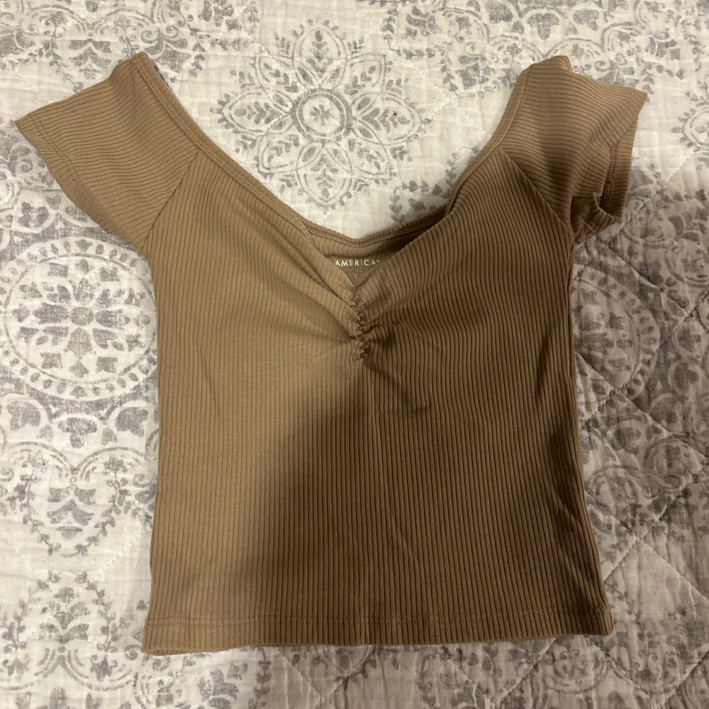 American Eagle Outfitters Tan Ribbed Short Sleeve Top